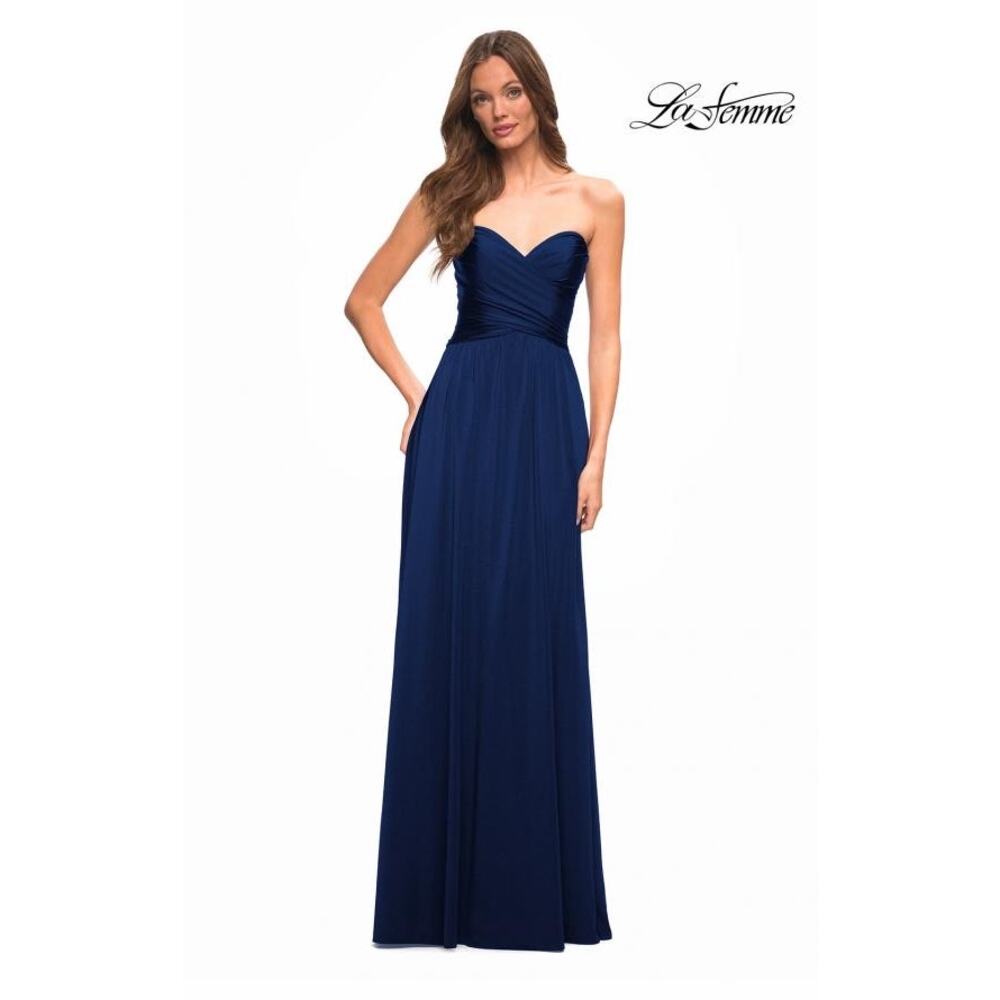 La Femme Navy Strapless Sweetheart Long Jersey Prom Formal Gown Size 10
